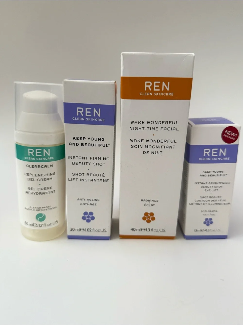 Ren Skincare 4 Full-size Set Wake Wonderful,Clear Calm,Firming & Bright Shot NEW